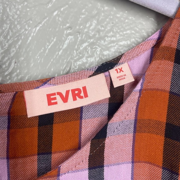 EVRI Orange Bell Sleeve Back Button Cotton Modal Plaid Plus Size Blouse Sz 1X - Picture 2 of 5